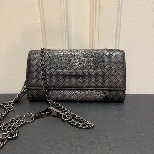 Rare Bottega Veneta Intrecciato Black Leather Nappa Long Wallet w/ Stingray